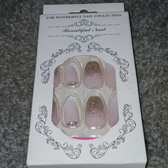 Press on  Nails Baby pink and gold shimmer  NEW - Picture 1 of 4